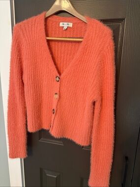 She + Sky Coral Fuzzy V-Neck Button-Up Cardigan